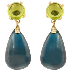 18 Karat Yellow Gold Blue Topaz Peridot Diamond Drop Earrings by Goshwara
