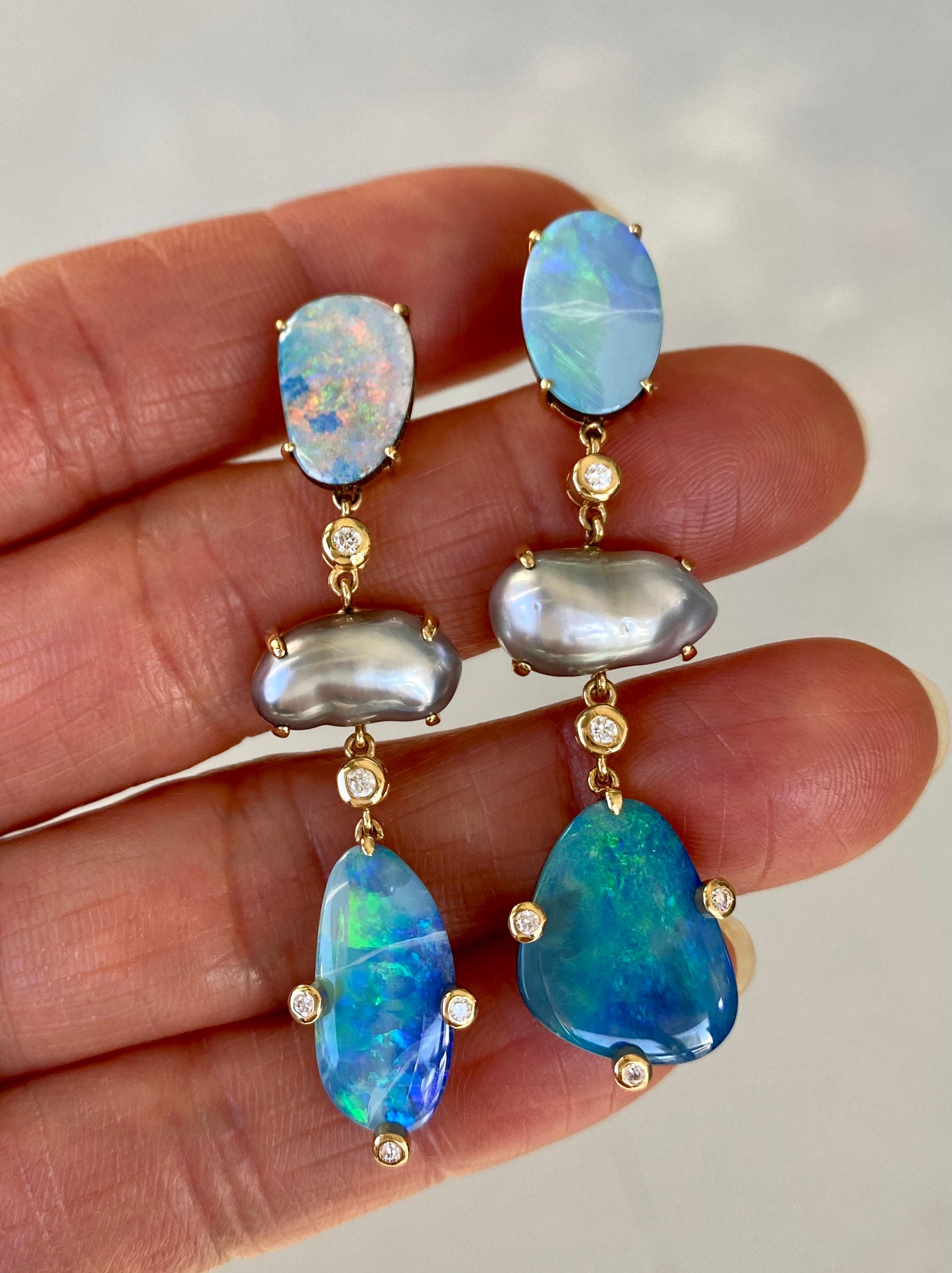 18 Karat Yellow Gold Boulder Opal Keshi Pearl Diamond Drop Dangle Earrings For Sale 1