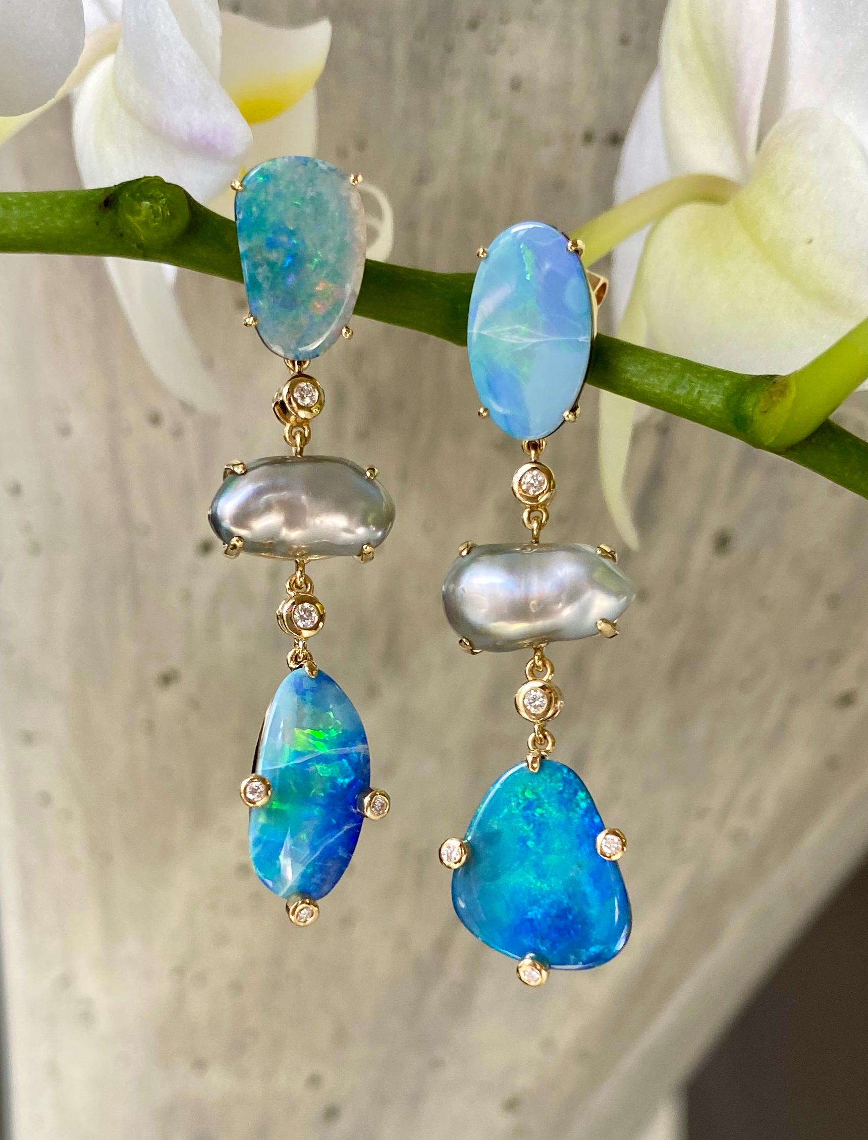 18 Karat Yellow Gold Boulder Opal Keshi Pearl Diamond Drop Dangle Earrings For Sale 2