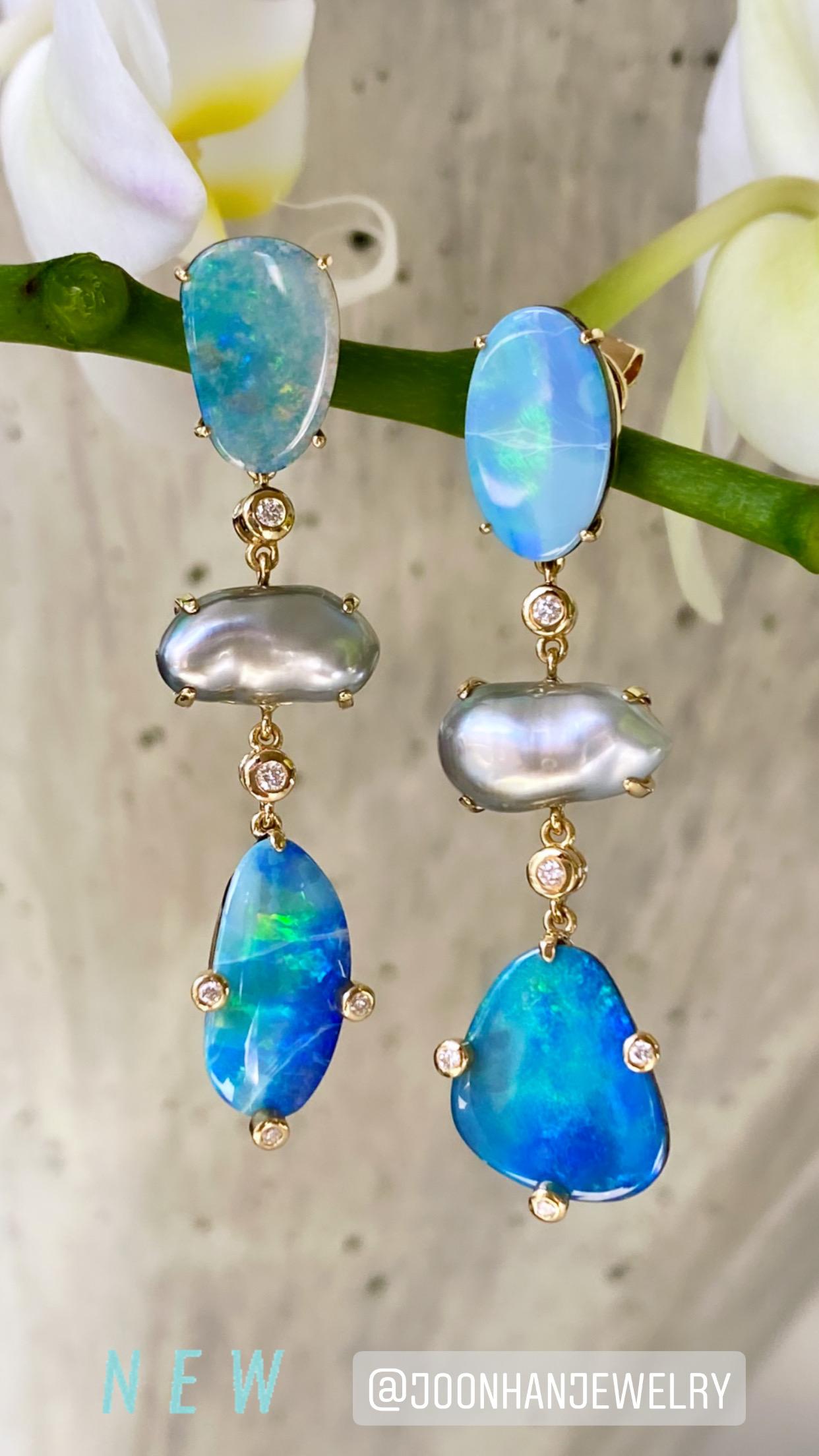 Gorgeous one-of-a-kind drop dangle earrings of boulder opals, light grey keshi pearls and diamonds, handcrafted in 18 karat yellow gold.

These delightful one-of-a-kind earrings of luscious boulder opals and keshi pearls make a beautiful, vibrant
