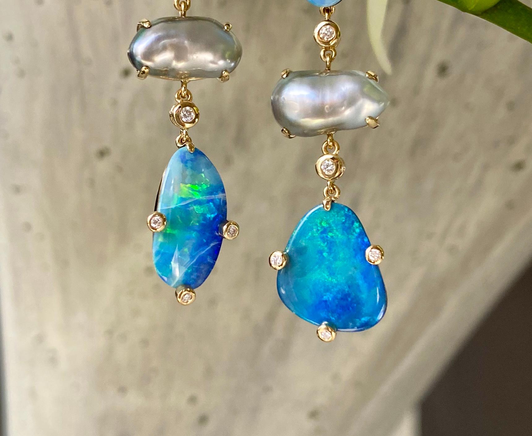 18 Karat Yellow Gold Boulder Opal Keshi Pearl Diamond Drop Dangle Earrings In New Condition For Sale In New York, NY