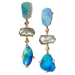 18 Karat Gelbgold Boulder Opal Keshi Perle Diamant Tropfen-Ohrhänger