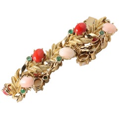 18 Karat Yellow Gold Bracelet with Red/Pink Meditteranean Coral and Emeralds