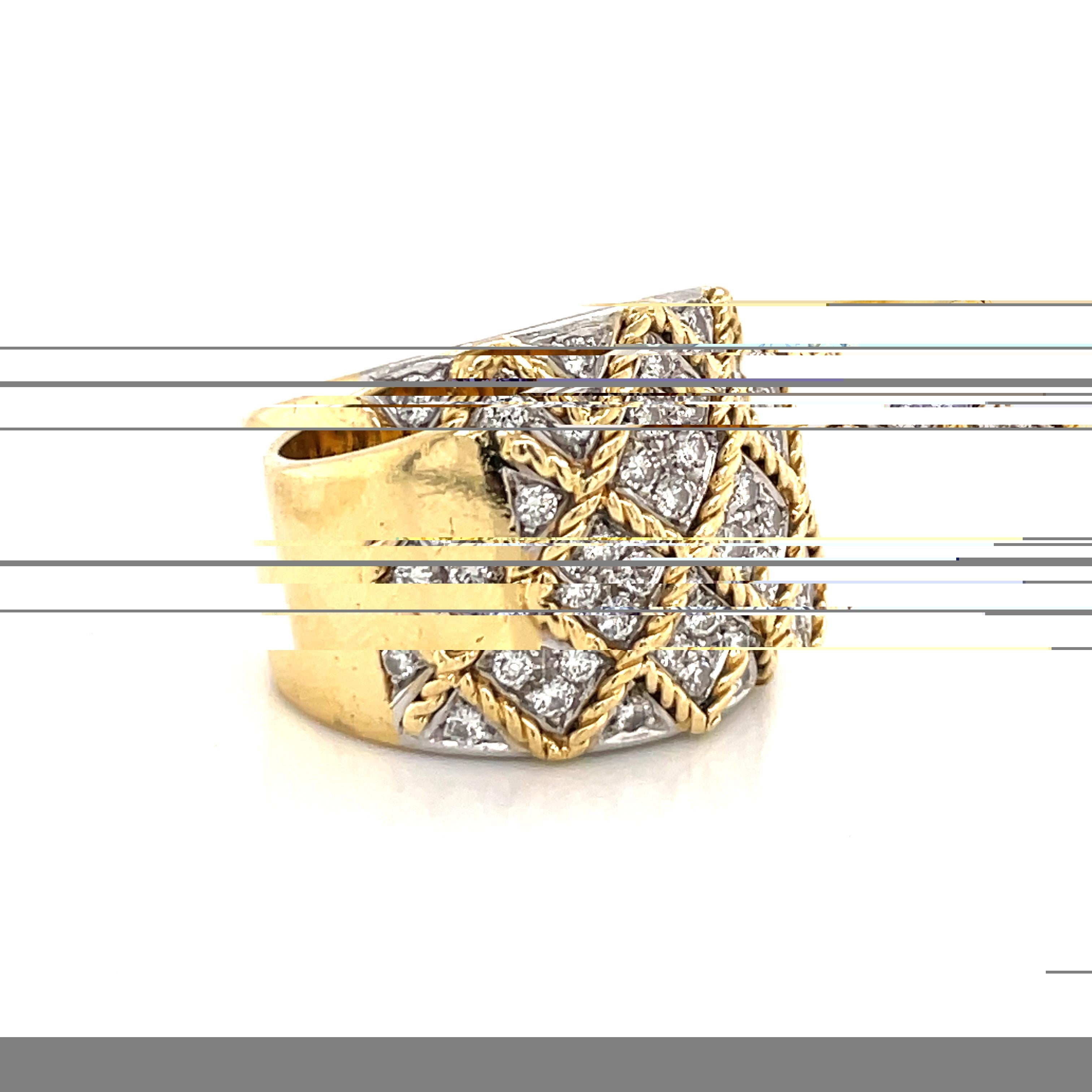 Round Cut 18 Karat Yellow Gold Braided Diamond Wide Ring 1.02 Carats For Sale
