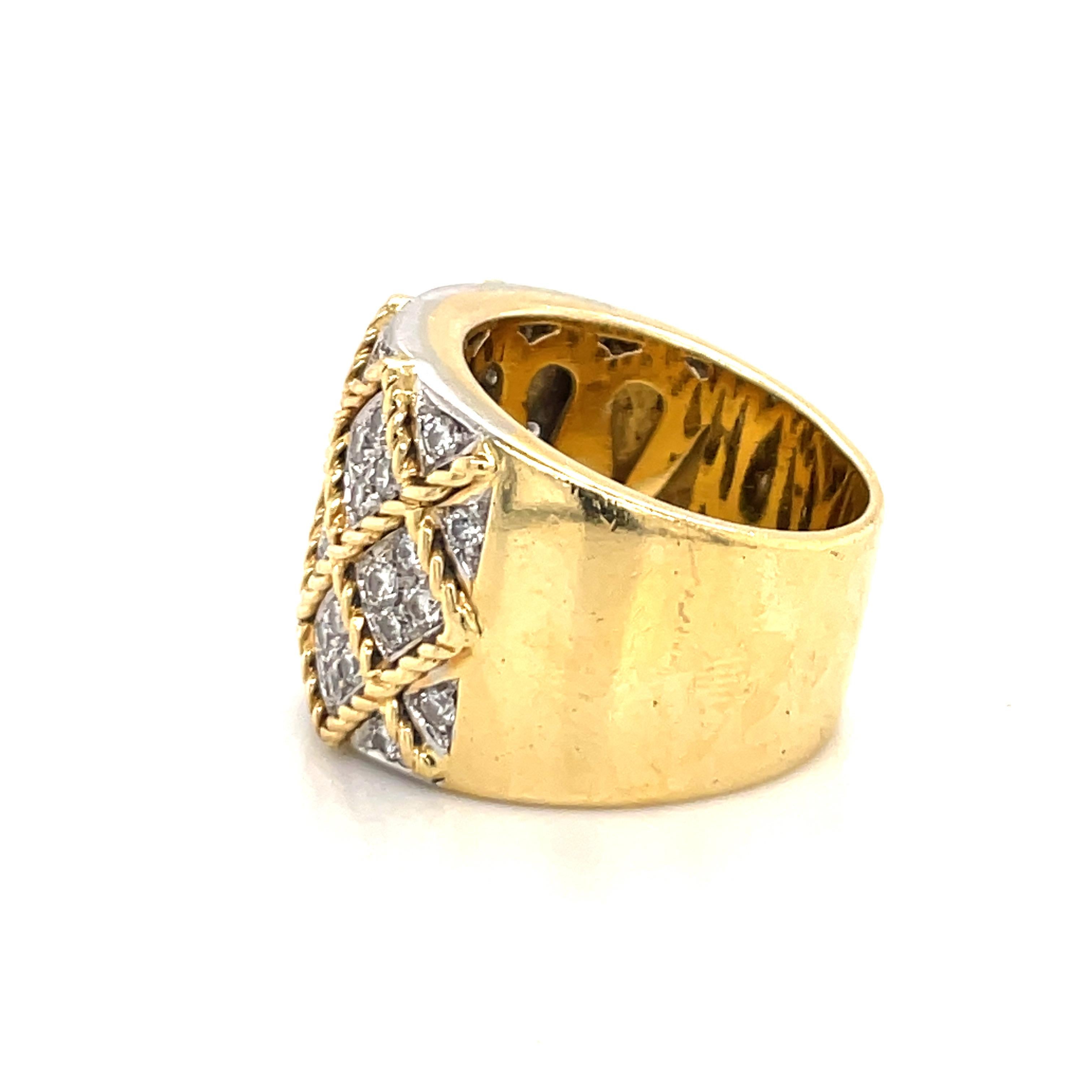 Women's 18 Karat Yellow Gold Braided Diamond Wide Ring 1.02 Carats For Sale