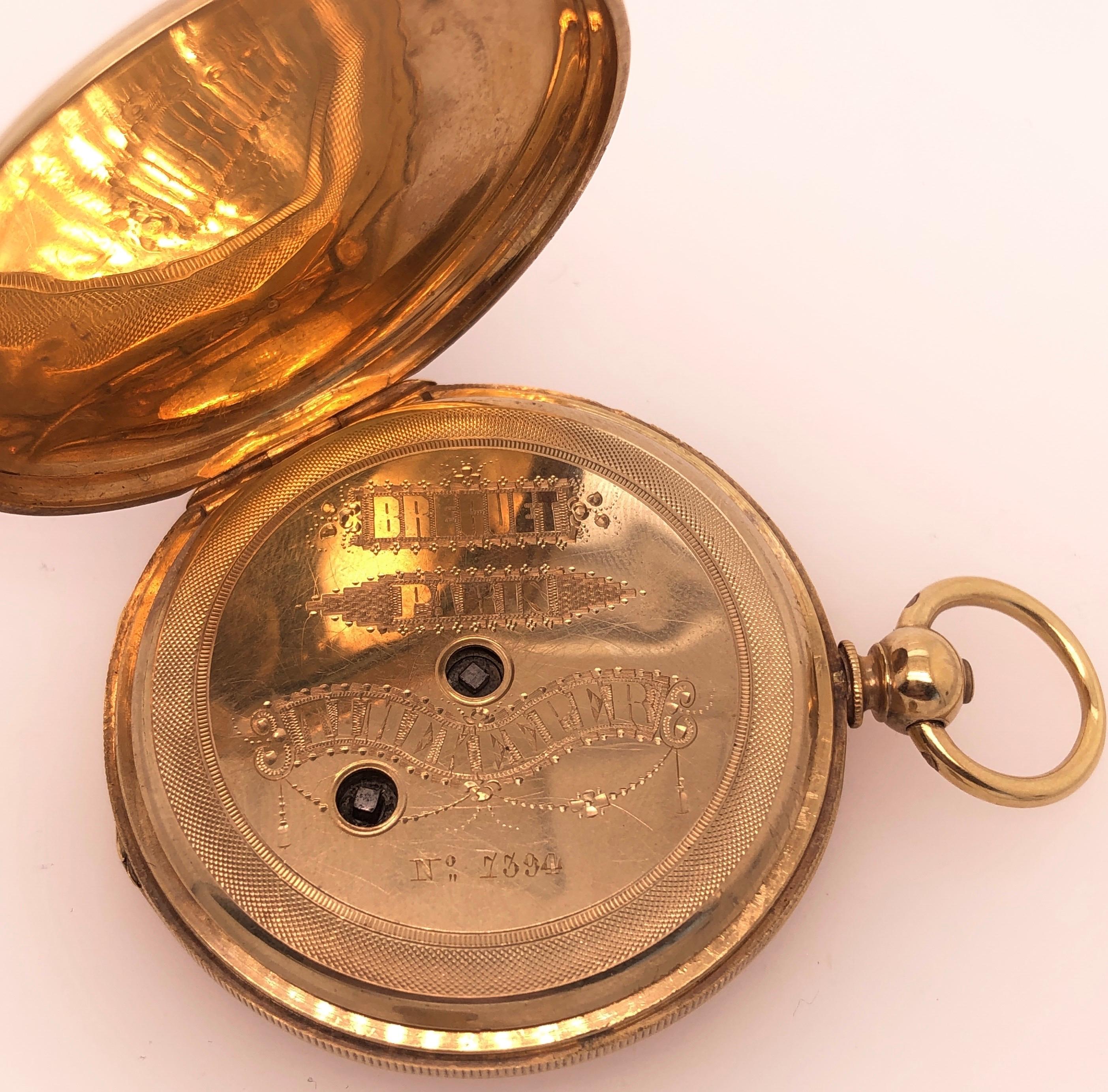 18 Karat Yellow Gold Breguet Paris Key Wind Pocket Watch Medallion Style 1