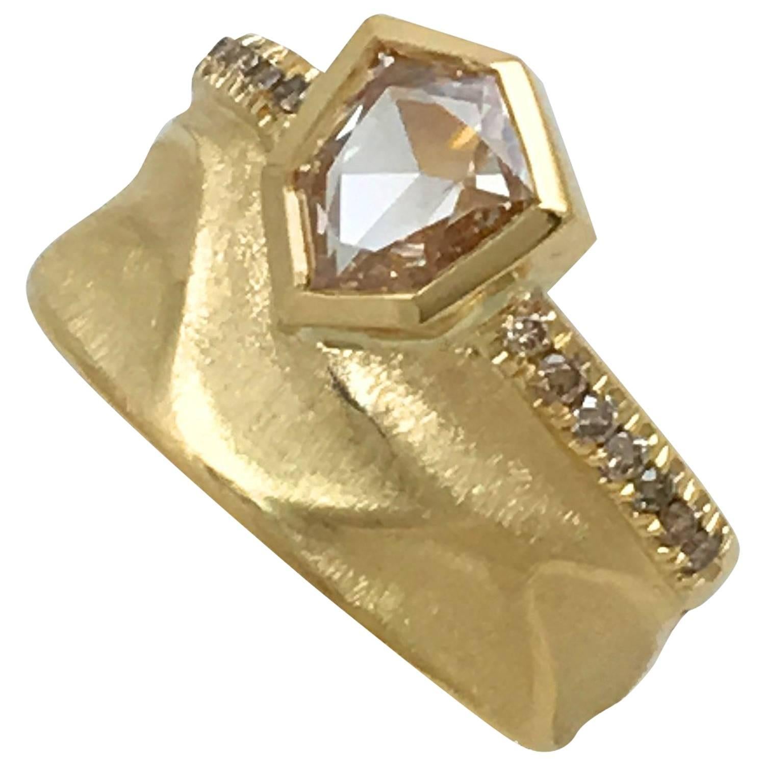 18 Karat Yellow Gold Bridal Ring with a 0.85 Carat Champagne Rose Cut Diamond