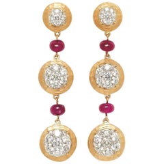 18 Karat Yellow Gold, Brilliant Cut Diamonds and Ruby Earrings