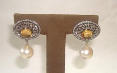 18 Karat Yellow Gold, Brilliant Cut Diamonds, Golden Topaz and Pearl Earrings