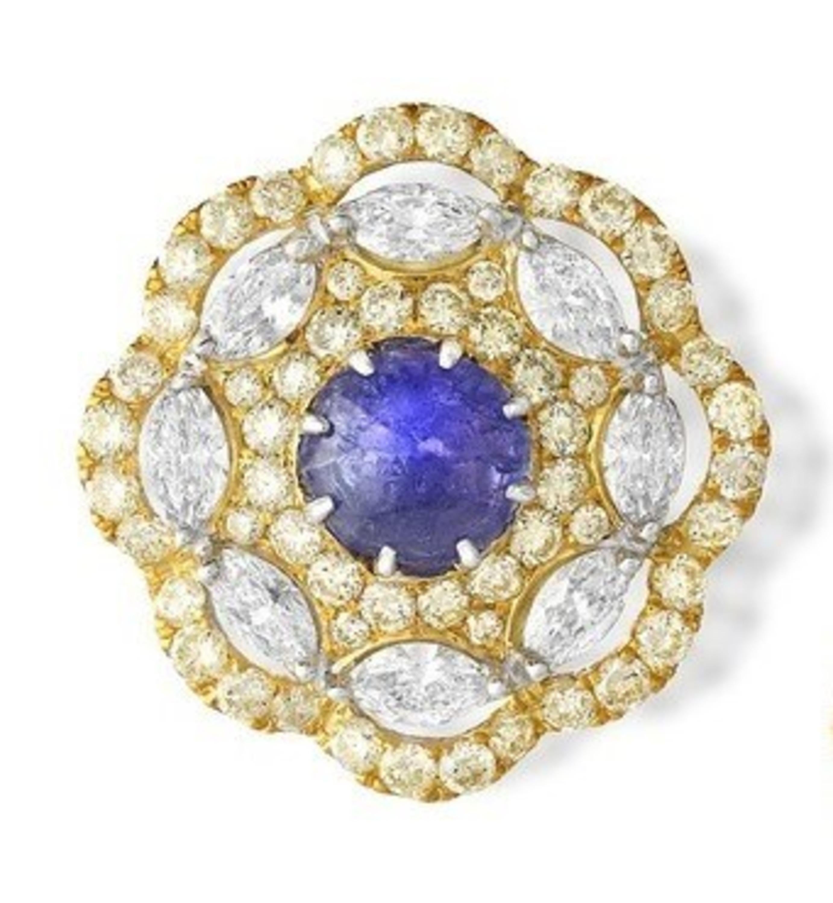 Simple line work with white & canary brilliant cut round & marquise shape diamonds  are set around the tanzanite cabochons. These ear studs are completed with a back plate which adds to the detail in craftsmanship. 
These ear studs are classic &
