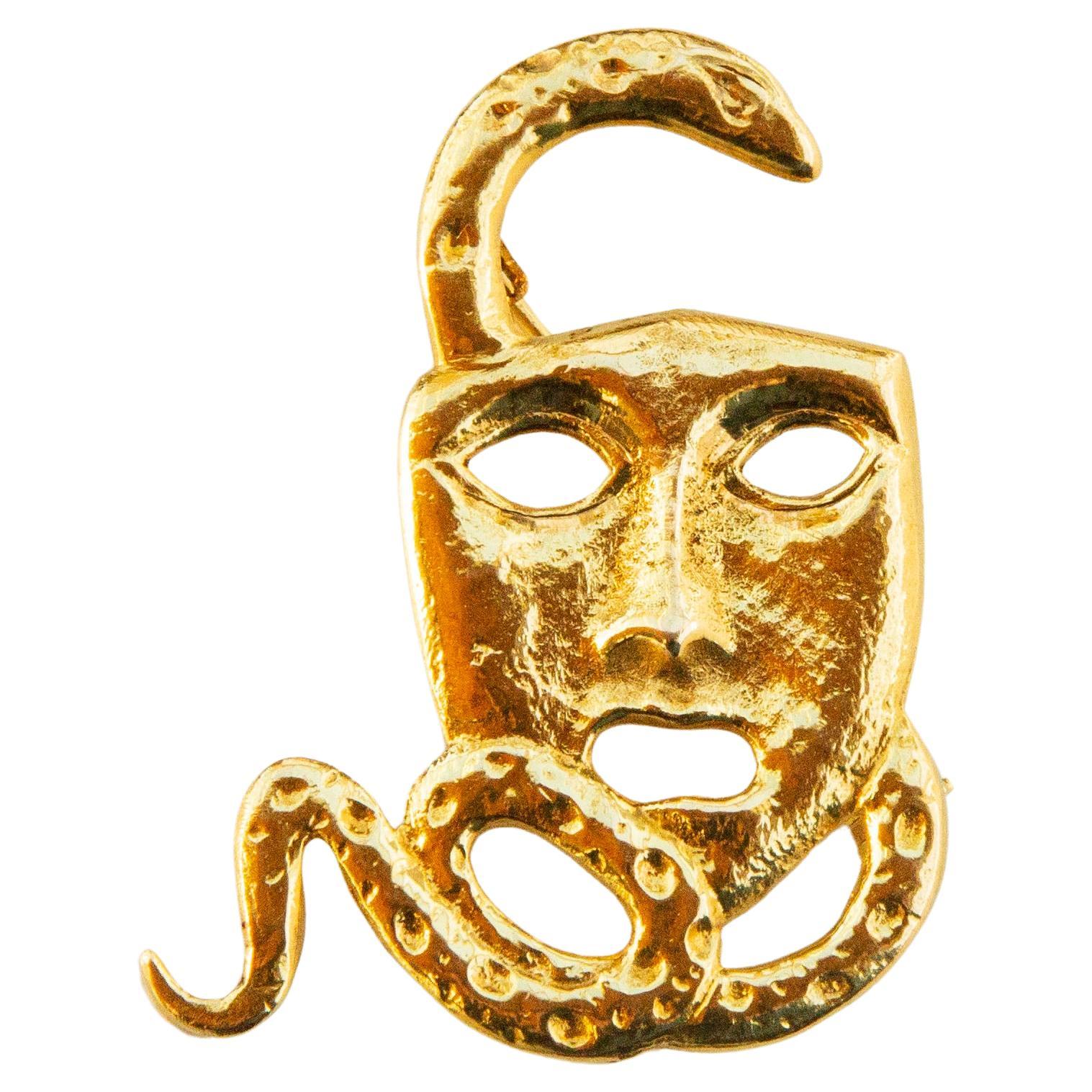 18 Karat Yellow Gold Brooch Designed as an Actor Drama Mask with a Snake For Sale