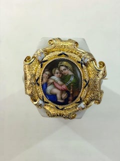 Antique 18kt Yellow Gold Enamel Brooch, Madonna Della Seggiola, Italy