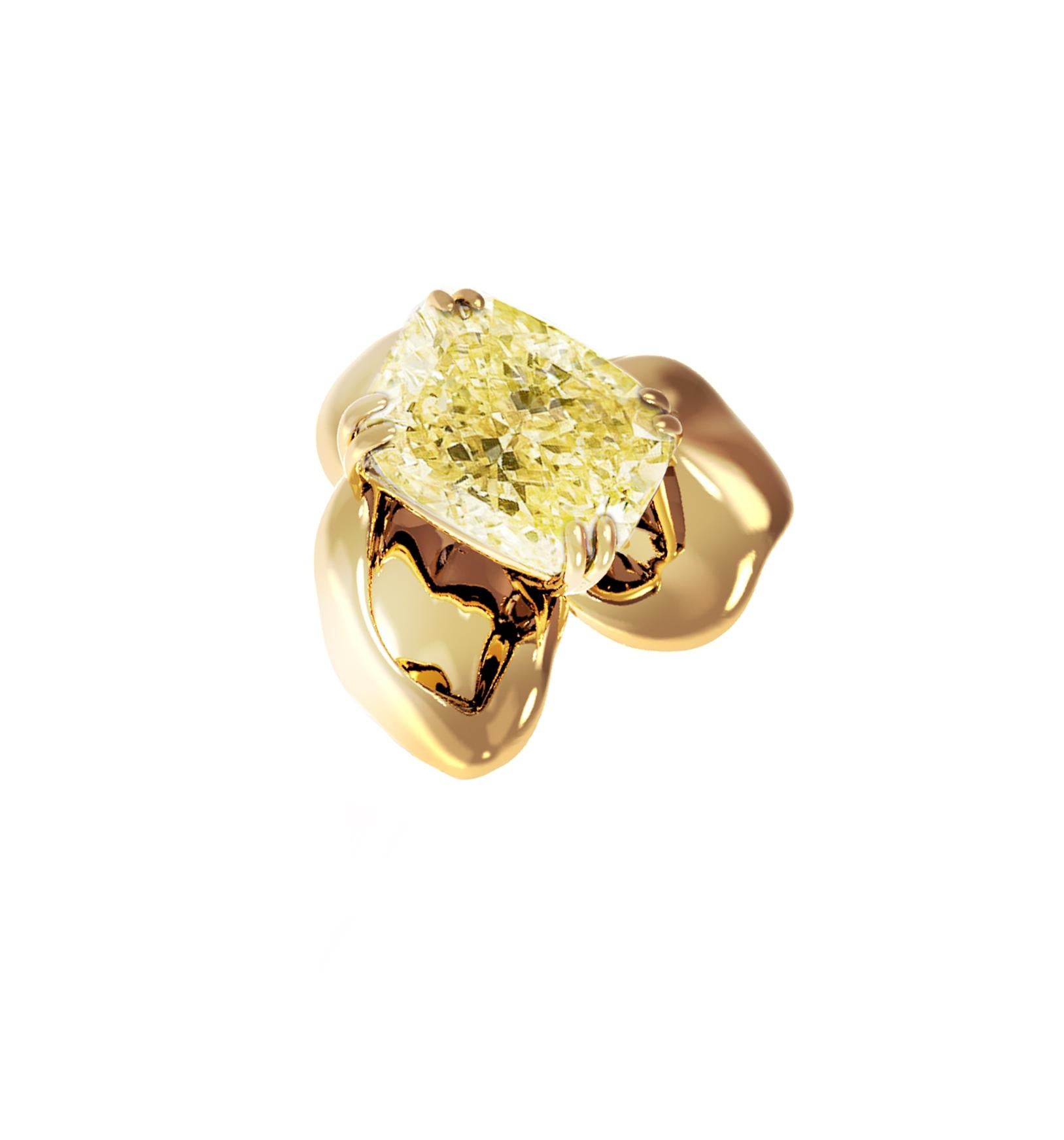This 18 karat yellow gold Buttercup brooch features natural yellow cushion diamond (Y-Z, SI), weighing 1 carat. The cushion cut is the best for yellow diamonds, and the gem is carefully selected by the artist for its exceptional polishing and other