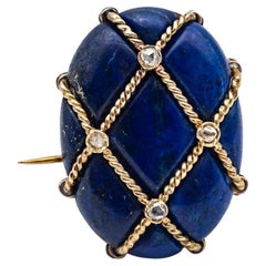 18 Karat Yellow Gold Brooch with Diamond and Lapis Lazuli Cabochon