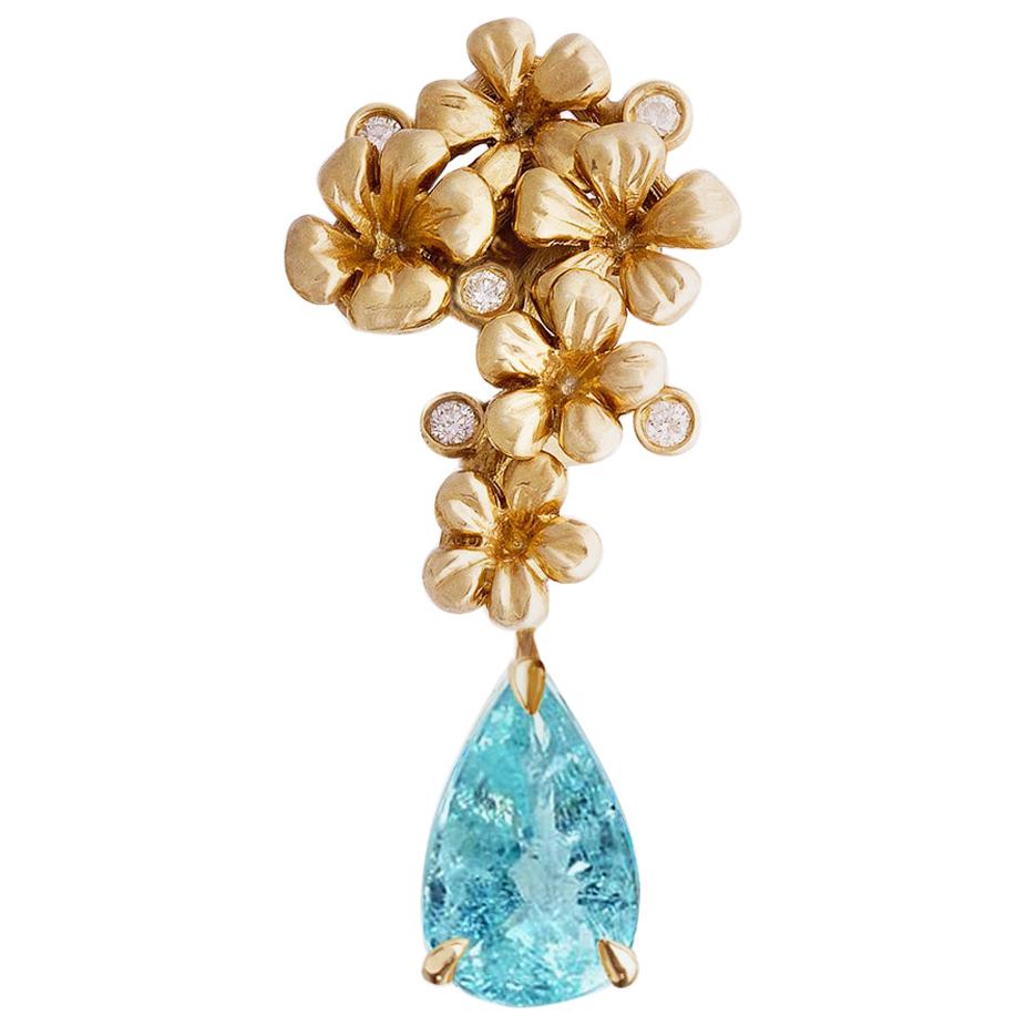 Yellow Gold Brooch with Diamonds and Three Carats Paraiba Tourmaline