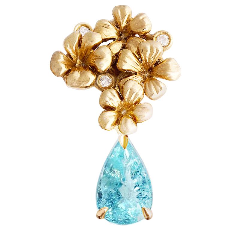 Eighteen Karat Yellow Gold Brooch with Diamonds and Paraiba Tourmaline