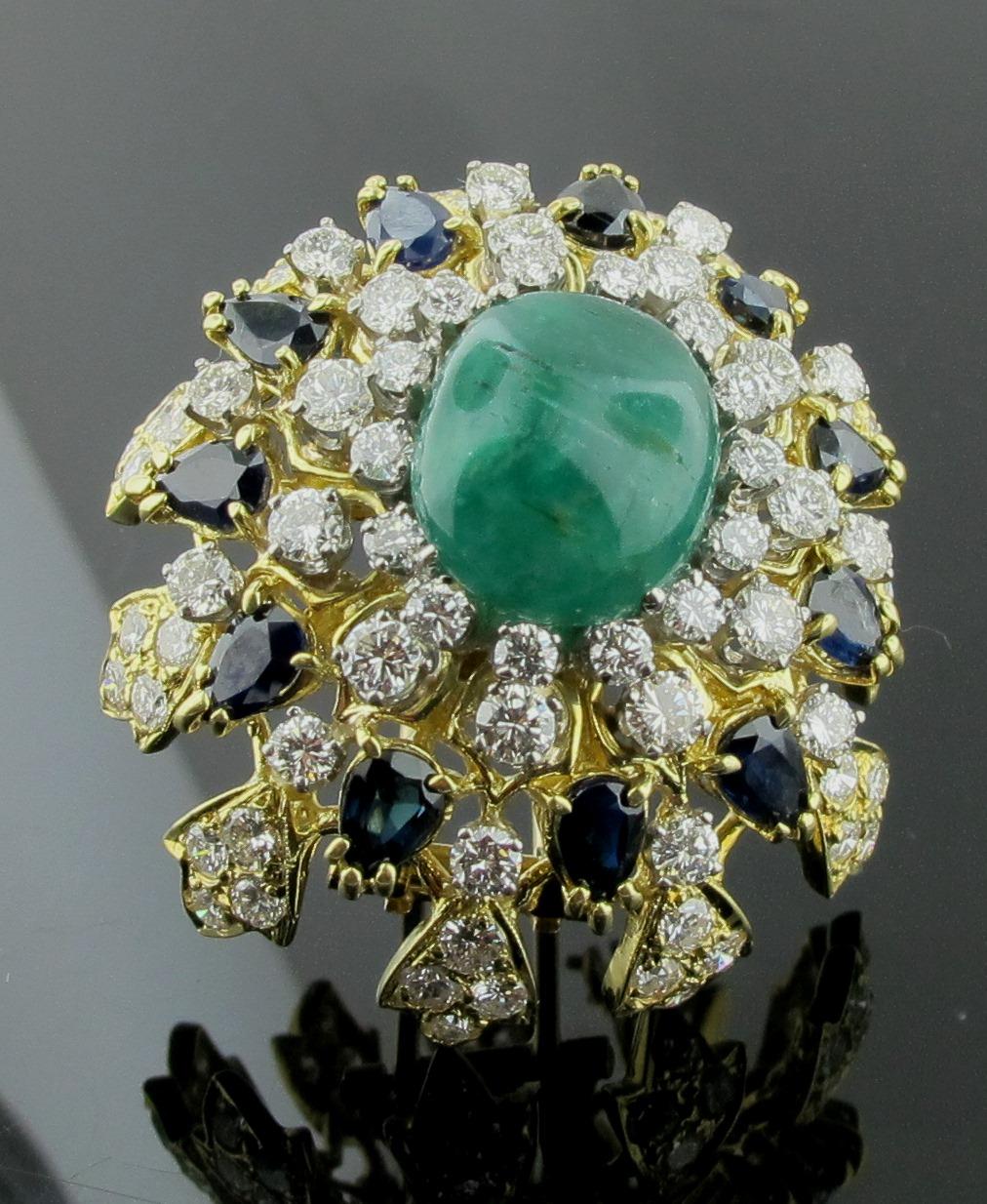 18 Karat Yellow Gold Brooch with Diamonds, Sapphires and a Cab Emerald Center For Sale 1