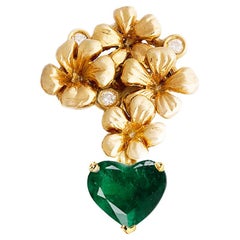 Eighteen Karat Yellow Gold Floral Contemporary Brooch with Heart Cut Emerald