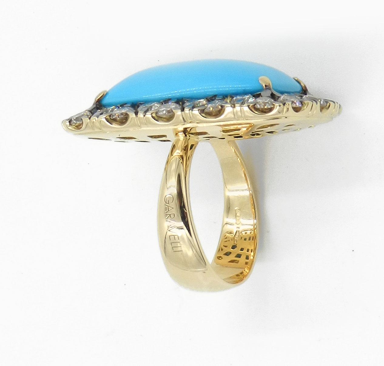 Contemporary 18 Karat Yellow Gold Brown Diamonds and Turquoise Garavelli Ring For Sale