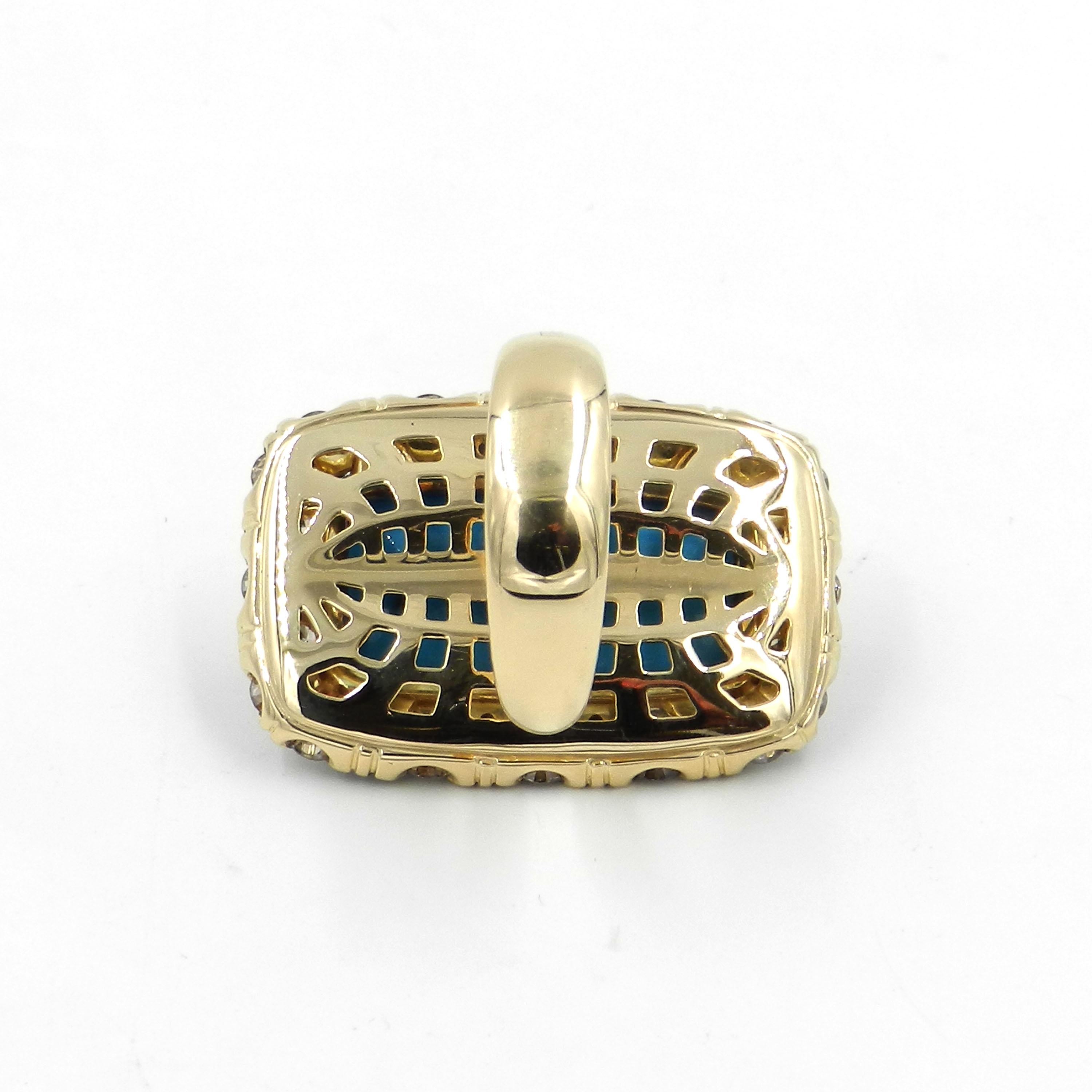 Round Cut 18 Karat Yellow Gold Brown Diamonds and Turquoise Garavelli Ring For Sale