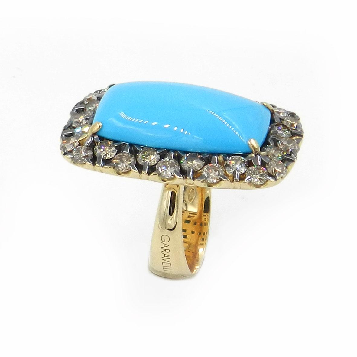 18 Karat Yellow Gold Brown Diamonds and Turquoise Garavelli Ring In New Condition In Valenza, IT