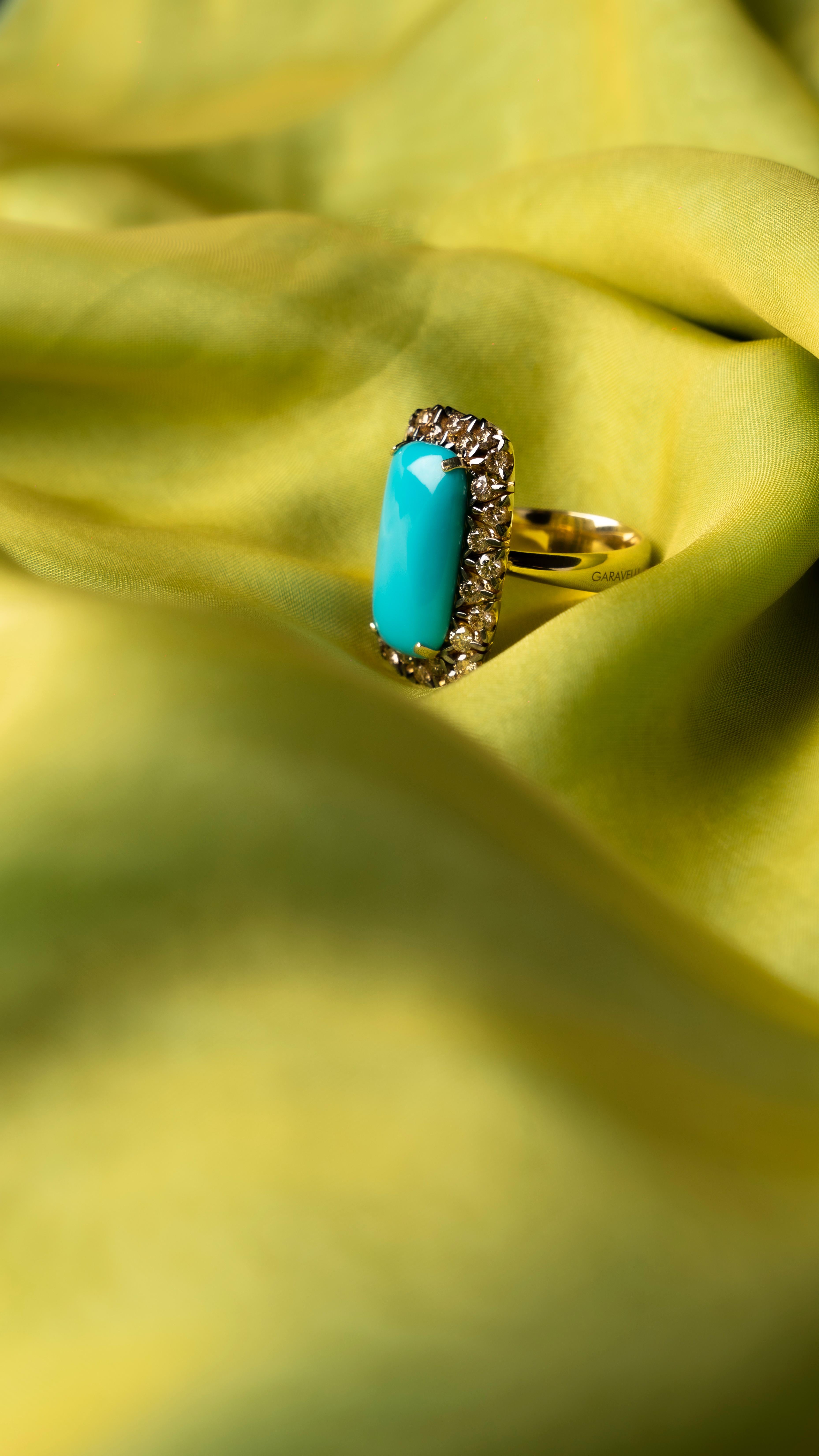 Bague Garavelli en or jaune 18 carats, diamants Brown et turquoise en vente 3