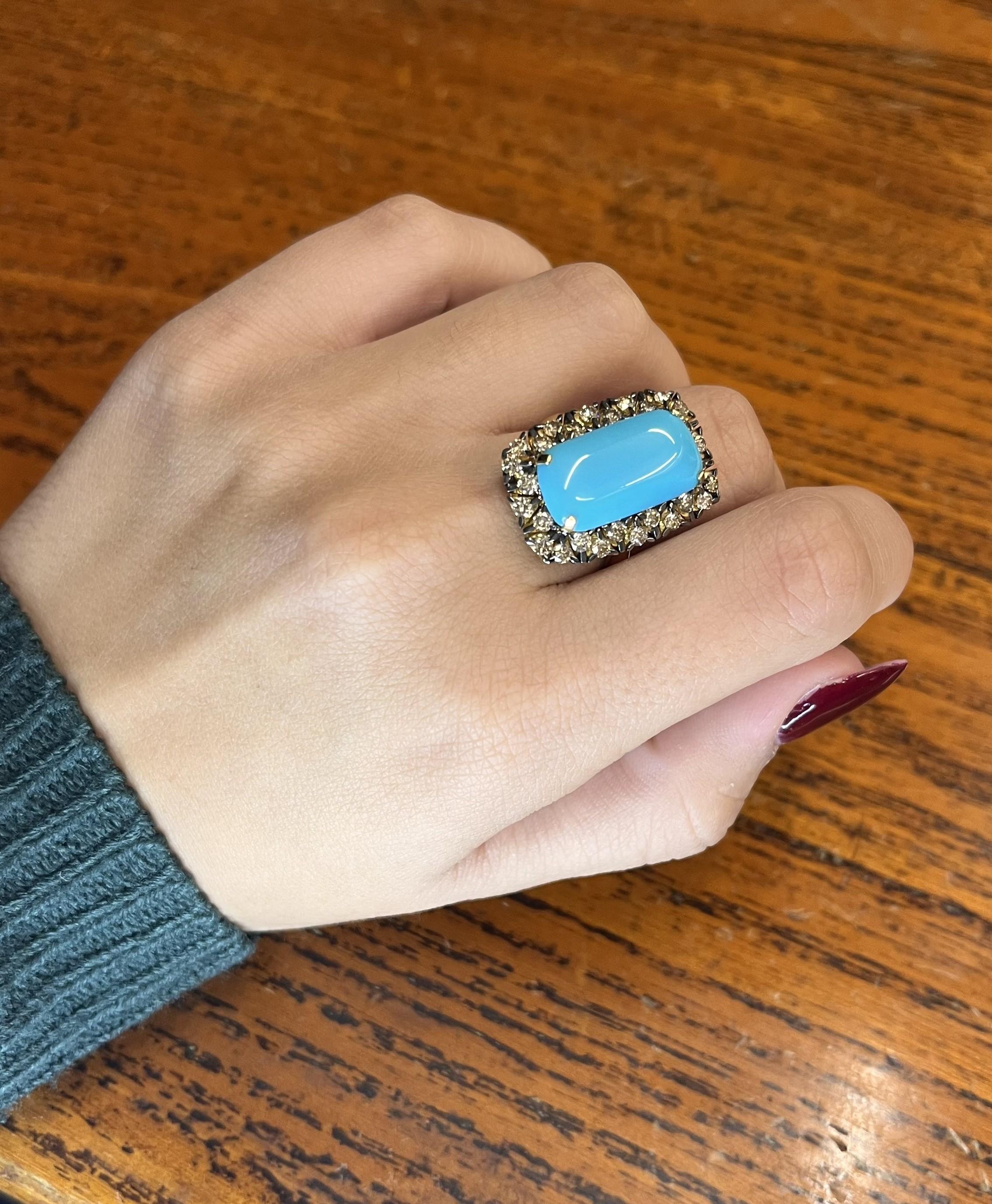 Anello Garavelli in oro giallo 18 carati con diamanti marroni e turchese in vendita 3