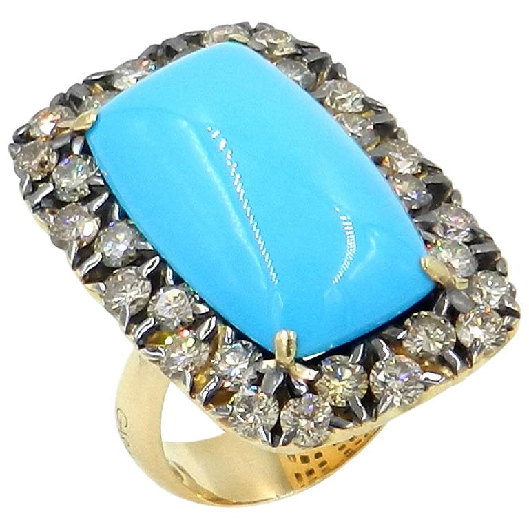 18 Karat Yellow Gold Brown Diamonds and Turquoise Garavelli Ring For Sale
