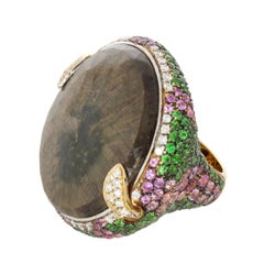 18 Karat Yellow Gold Brown Sapphire Tsavorite Pink Sapphire Ring by Niquesa