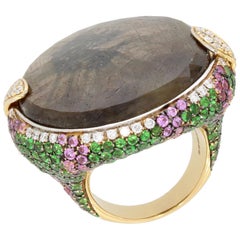 18 Karat Yellow Gold Brown Sapphire Tsavorite Pink Sapphire Ring by Niquesa