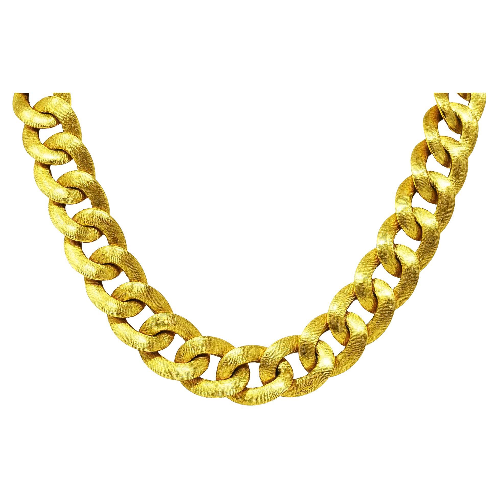 18 Karat Yellow Gold Brushed Curb Link Vintage Chain Necklace