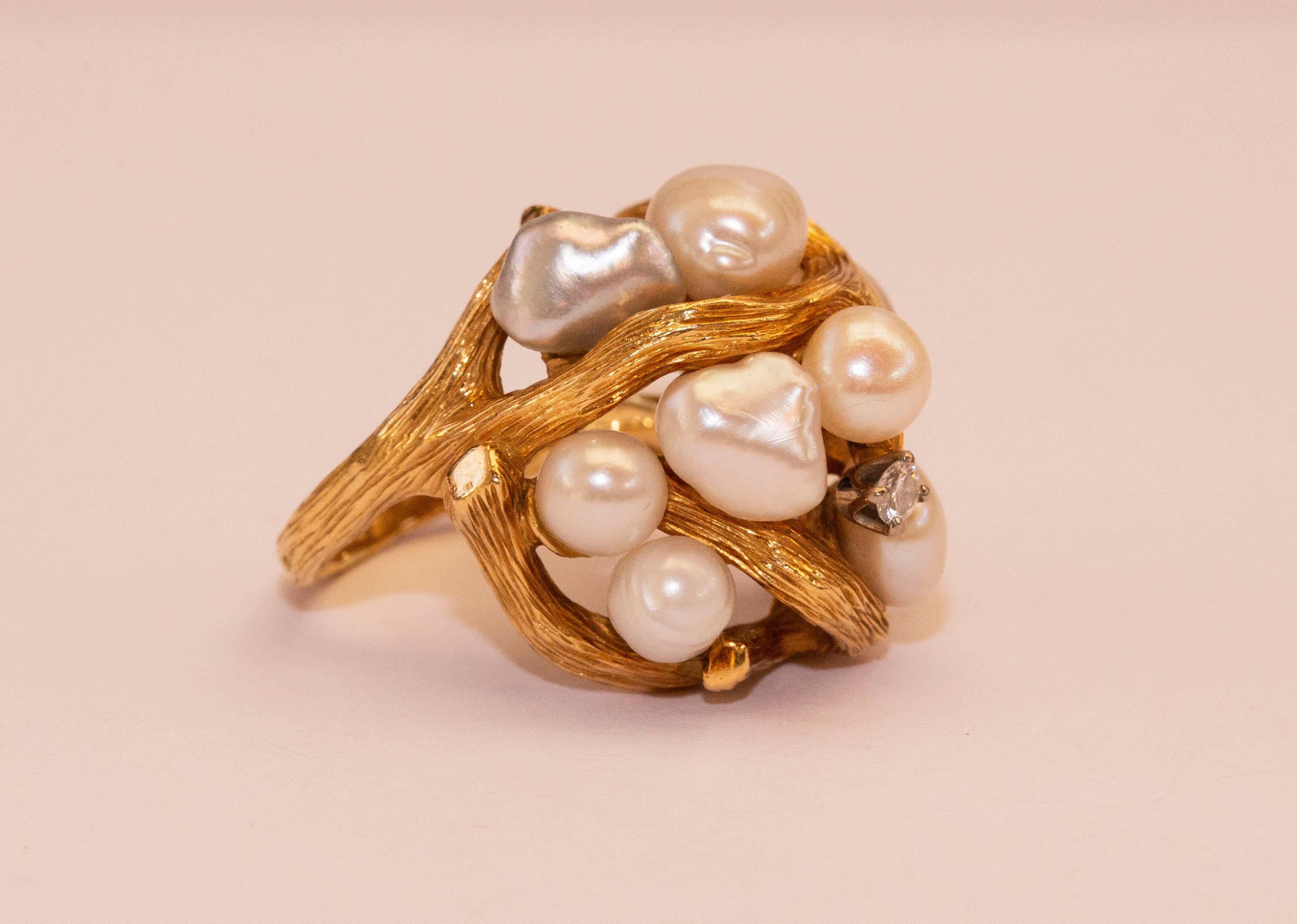 Modern 18 Karat Yellow Gold Brutalist Organic Cocktail Ring with Pearls and Diamond For Sale