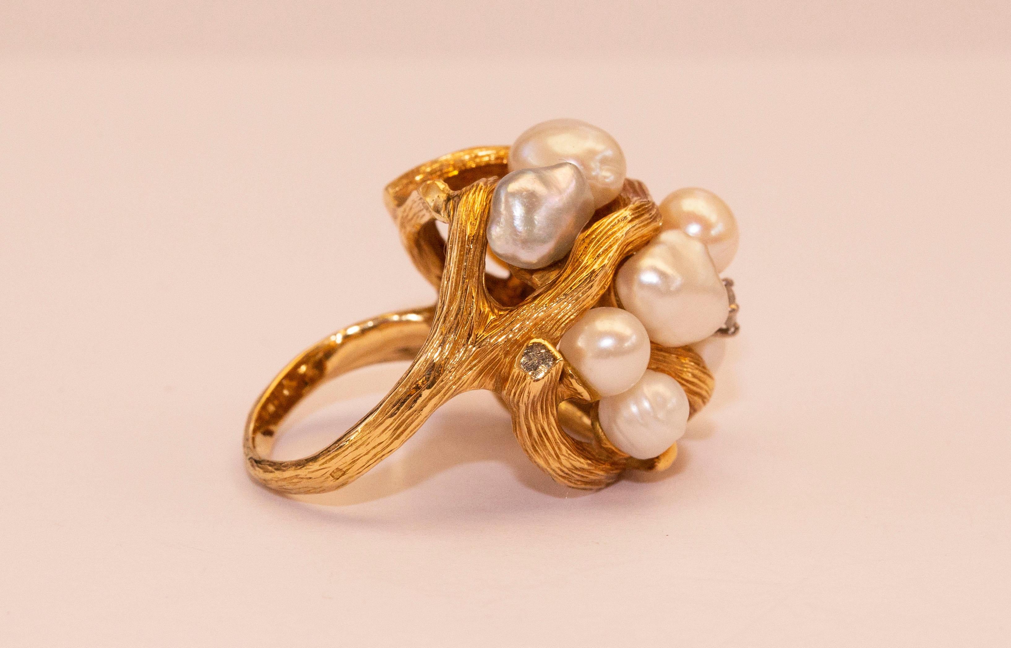 Round Cut 18 Karat Yellow Gold Brutalist Organic Cocktail Ring with Pearls and Diamond For Sale