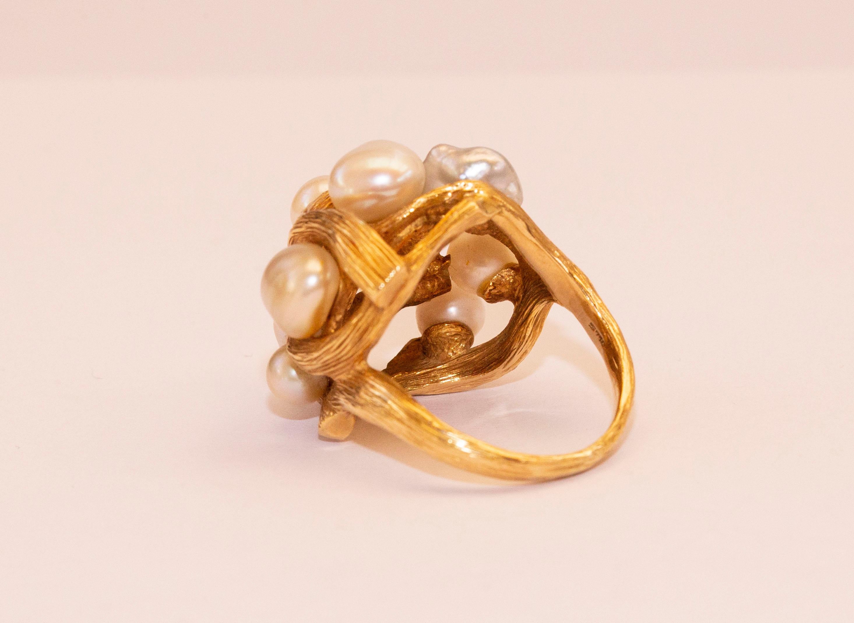 Women's 18 Karat Yellow Gold Brutalist Organic Cocktail Ring with Pearls and Diamond For Sale