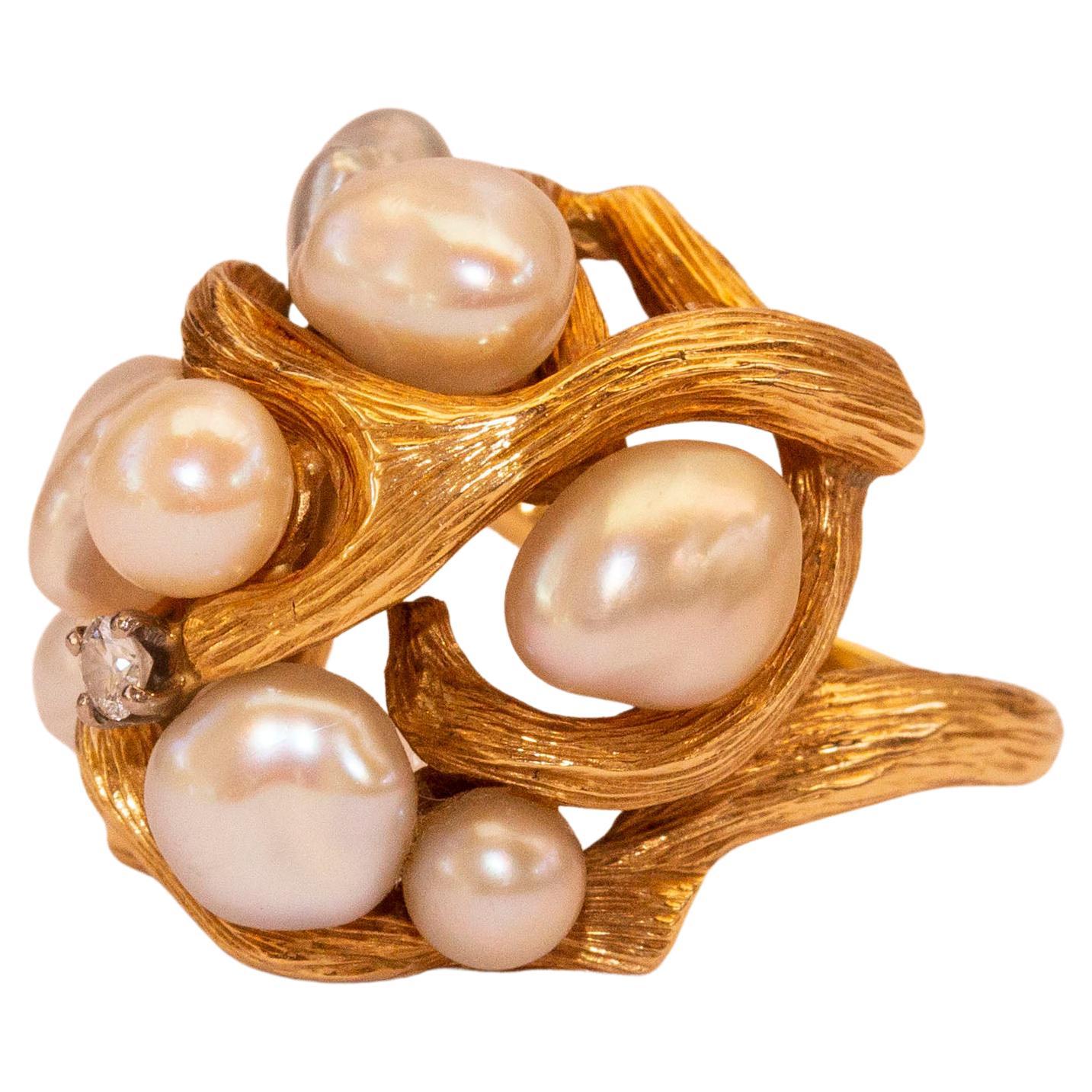 18 Karat Yellow Gold Brutalist Organic Cocktail Ring with Pearls and Diamond For Sale