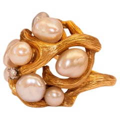 Vintage 18 Karat Yellow Gold Brutalist Organic Cocktail Ring with Pearls and Diamond