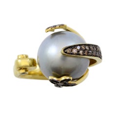 Budding Perlen-Blumen-Nachlassring aus 18 Karat Gelbgold