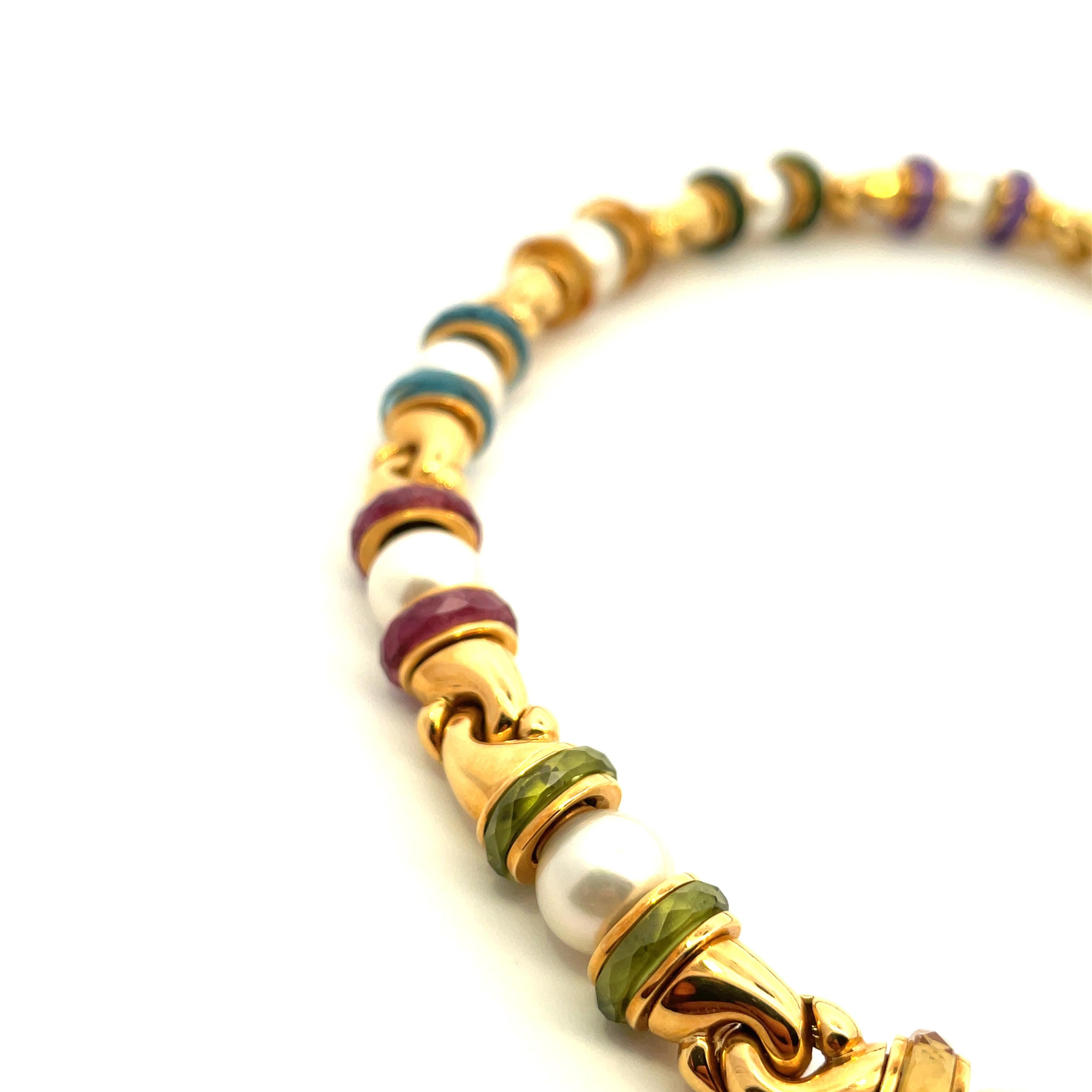 Women's or Men's Bulgari Gancio multicolor Tormaline and Pearls 18kt gold Necklace  For Sale