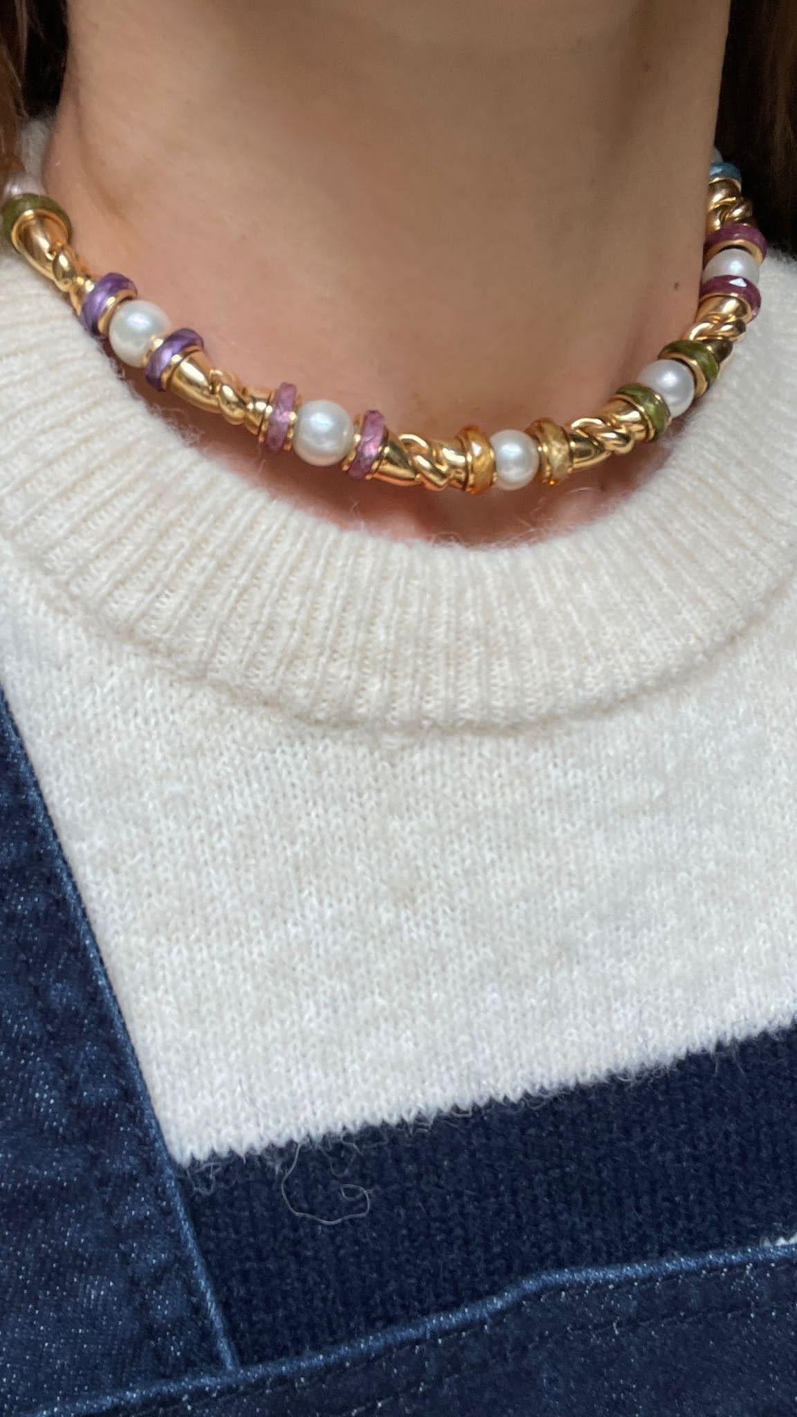 Bulgari Gancio multicolor Tormaline and Pearls 18kt gold Necklace  For Sale 1