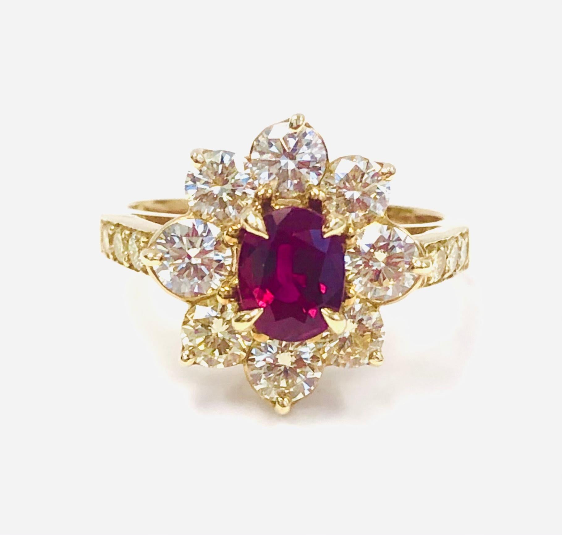Contemporary 18 Karat Yellow Gold Burma Ruby and Diamond Ring For Sale