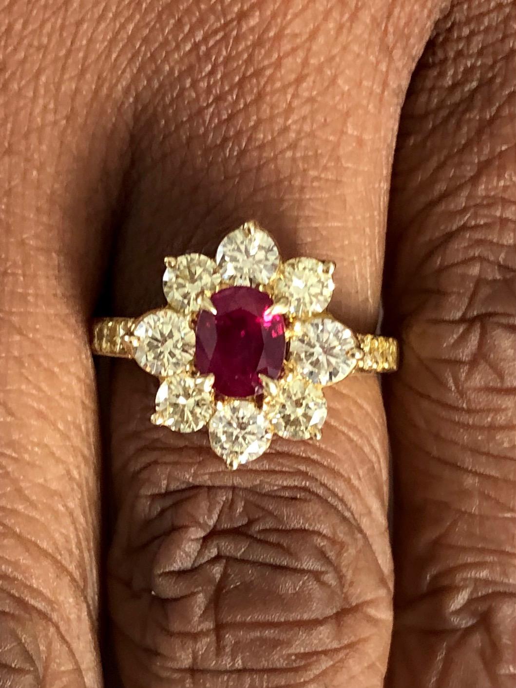 Oval Cut 18 Karat Yellow Gold Burma Ruby and Diamond Ring For Sale