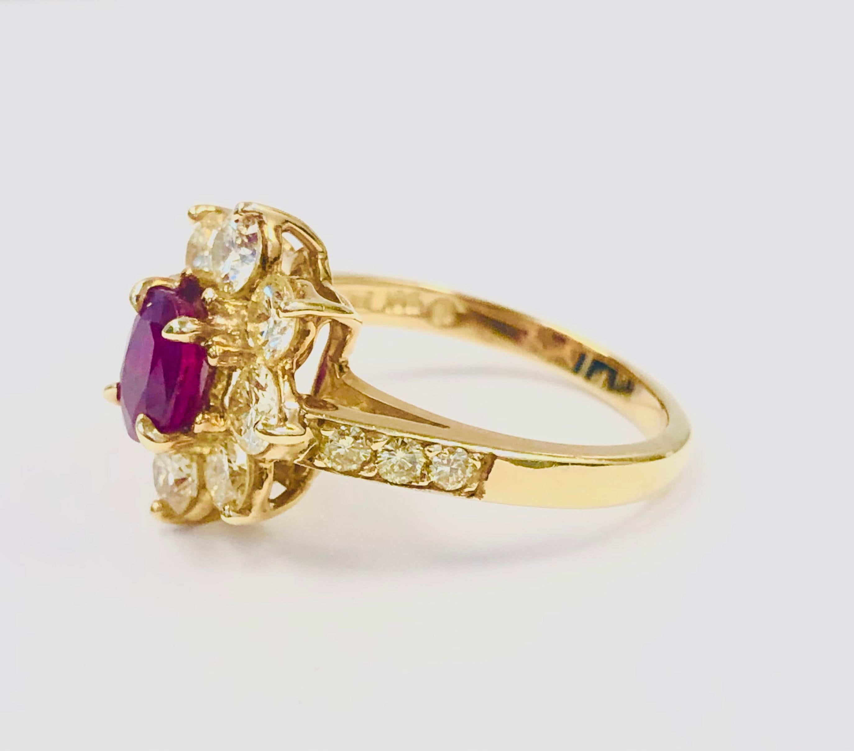 Women's 18 Karat Yellow Gold Burma Ruby and Diamond Ring For Sale