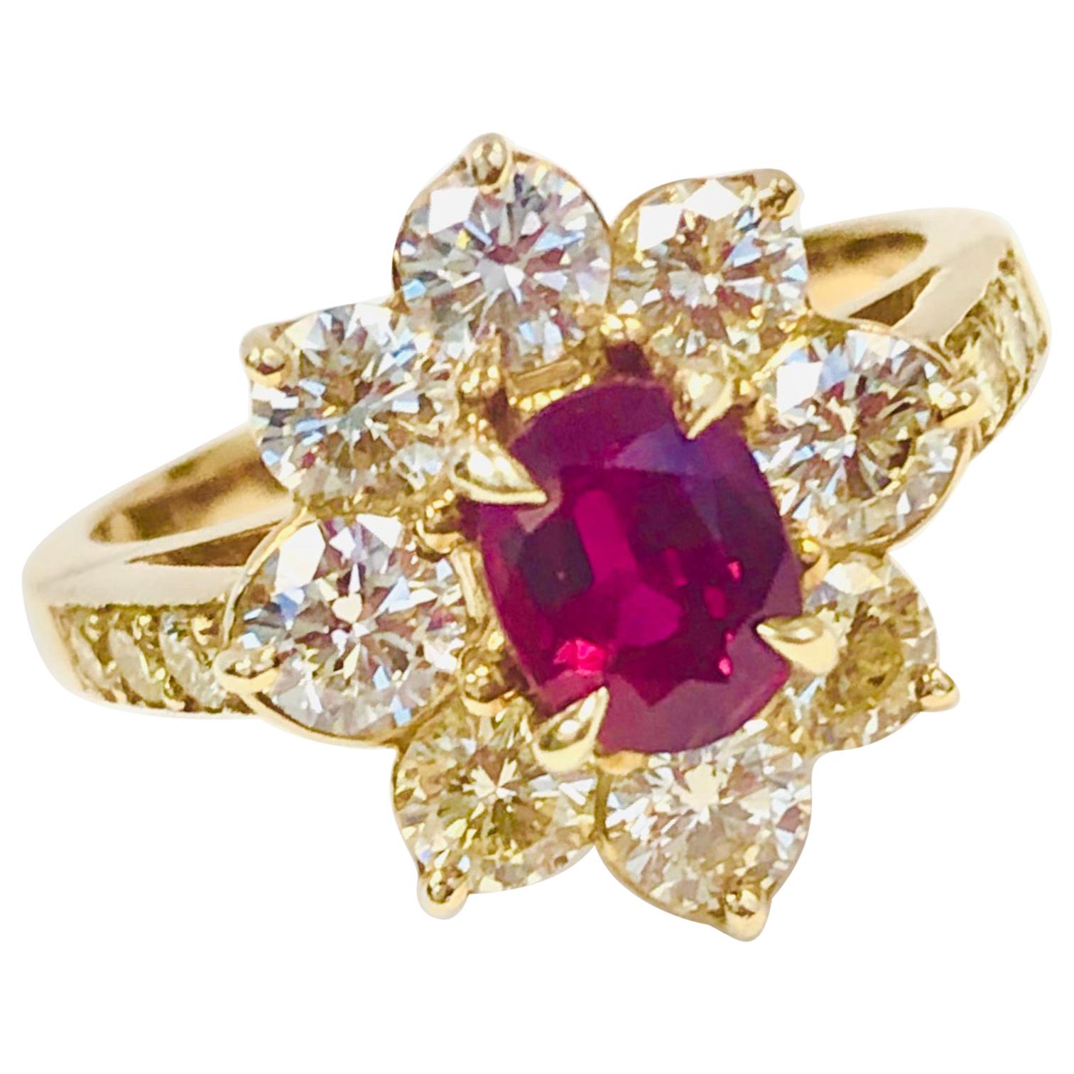 18 Karat Yellow Gold Burma Ruby and Diamond Ring For Sale