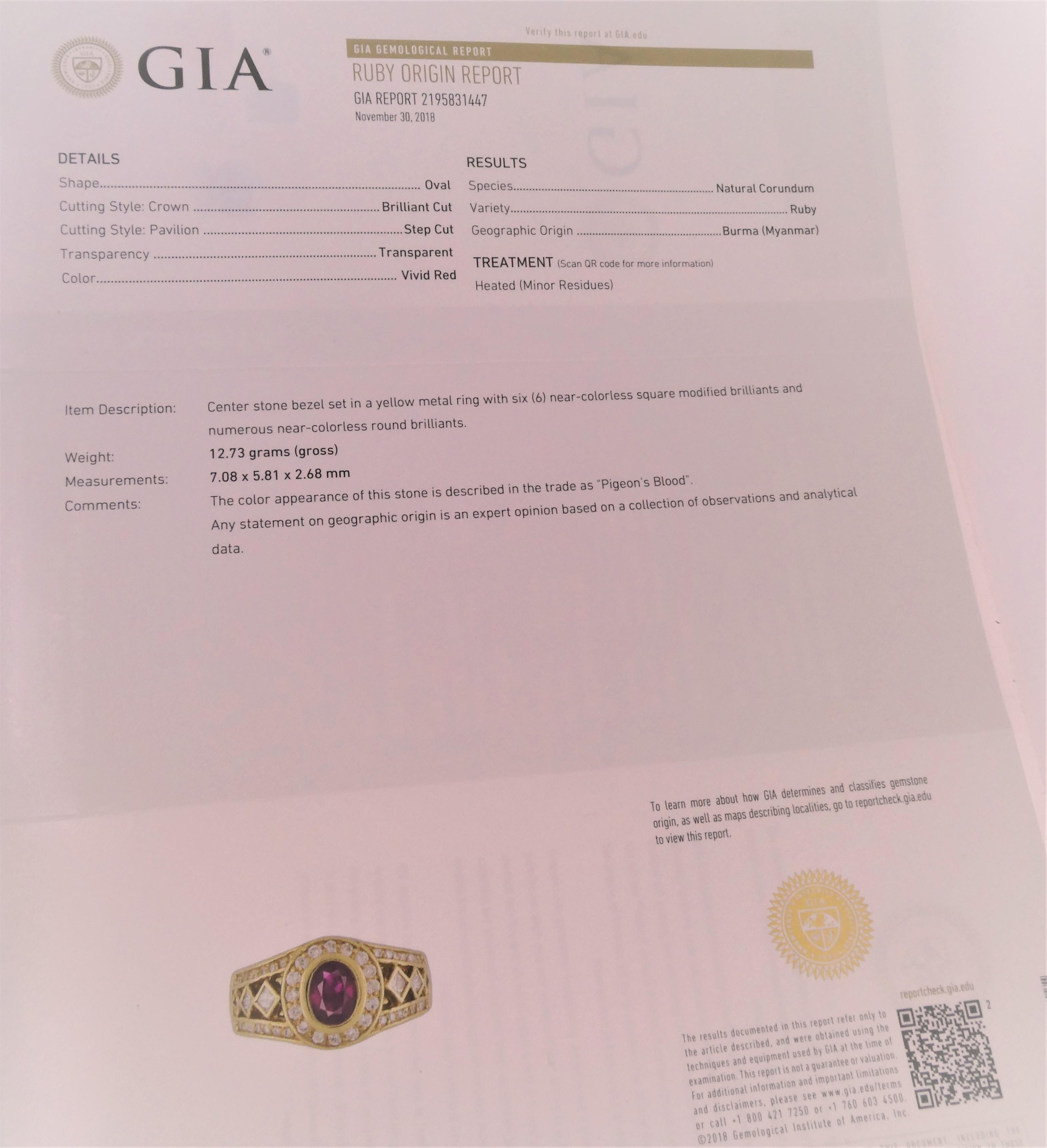 18 Karat Yellow Gold, Burmese Ruby '0.85 Carat' and Diamond '1.62 Carat' Ring In Good Condition In Boca Raton, FL