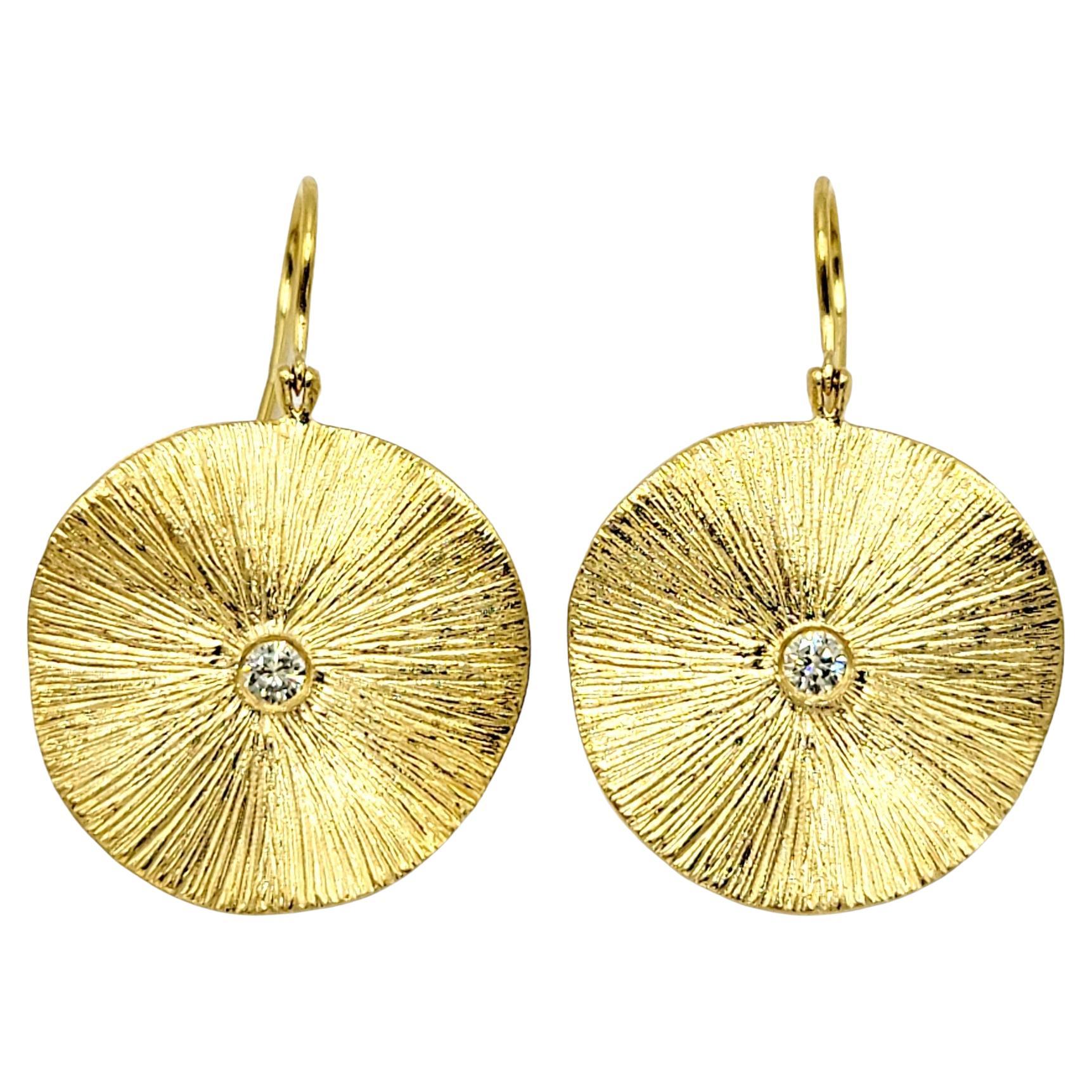 18 Karat Yellow Gold Bushed Disc Pierced Dangle Earrings with Diamond Center