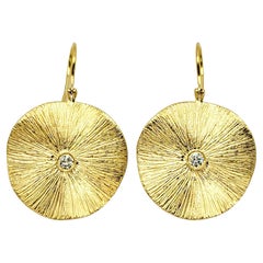 18 Karat Yellow Gold Bushed Disc Pierced Dangle Earrings with Diamond Center