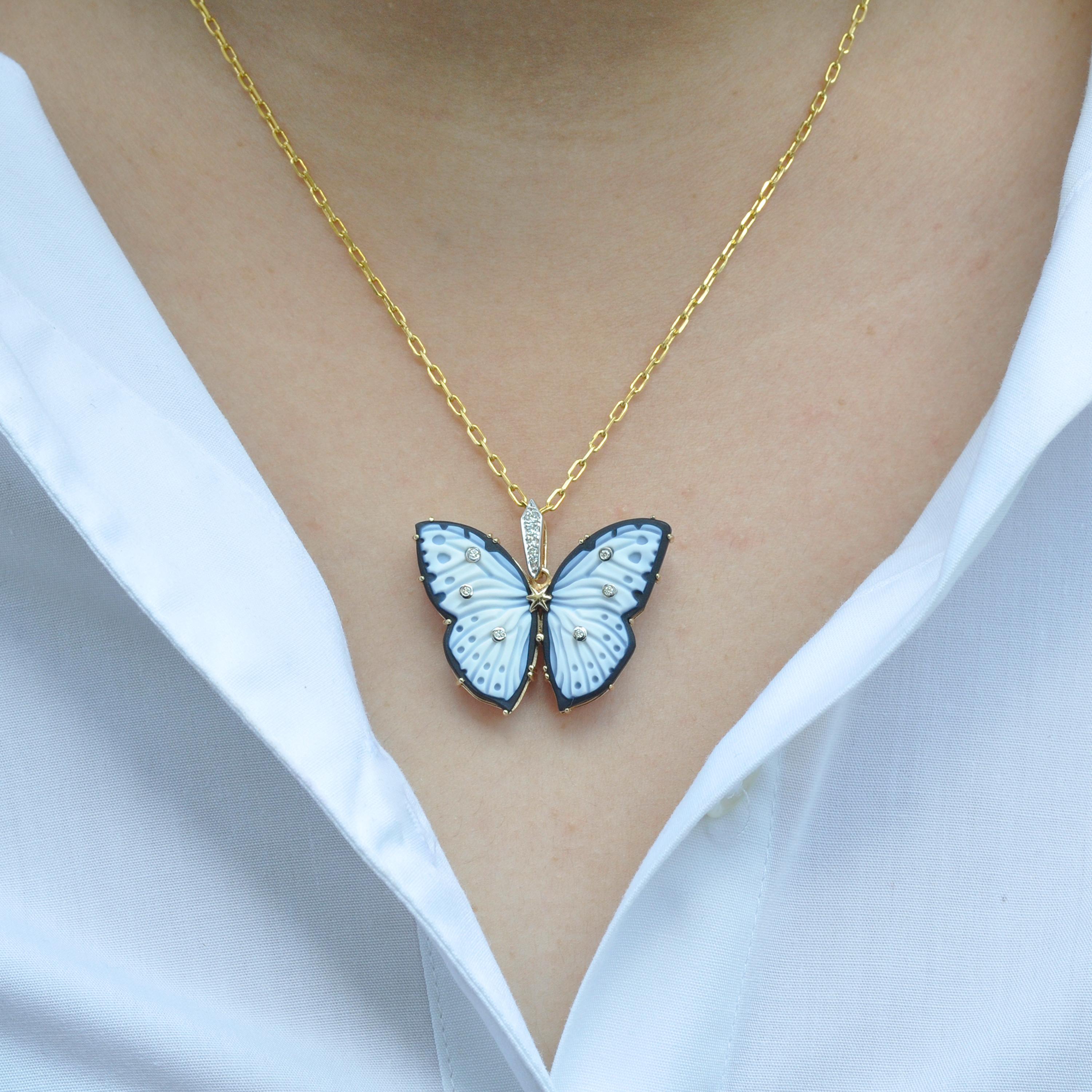 Collar Colgante Diamante Tallado Ágata Mariposa Oro Amarillo 14 Kilates Corte mixto en venta