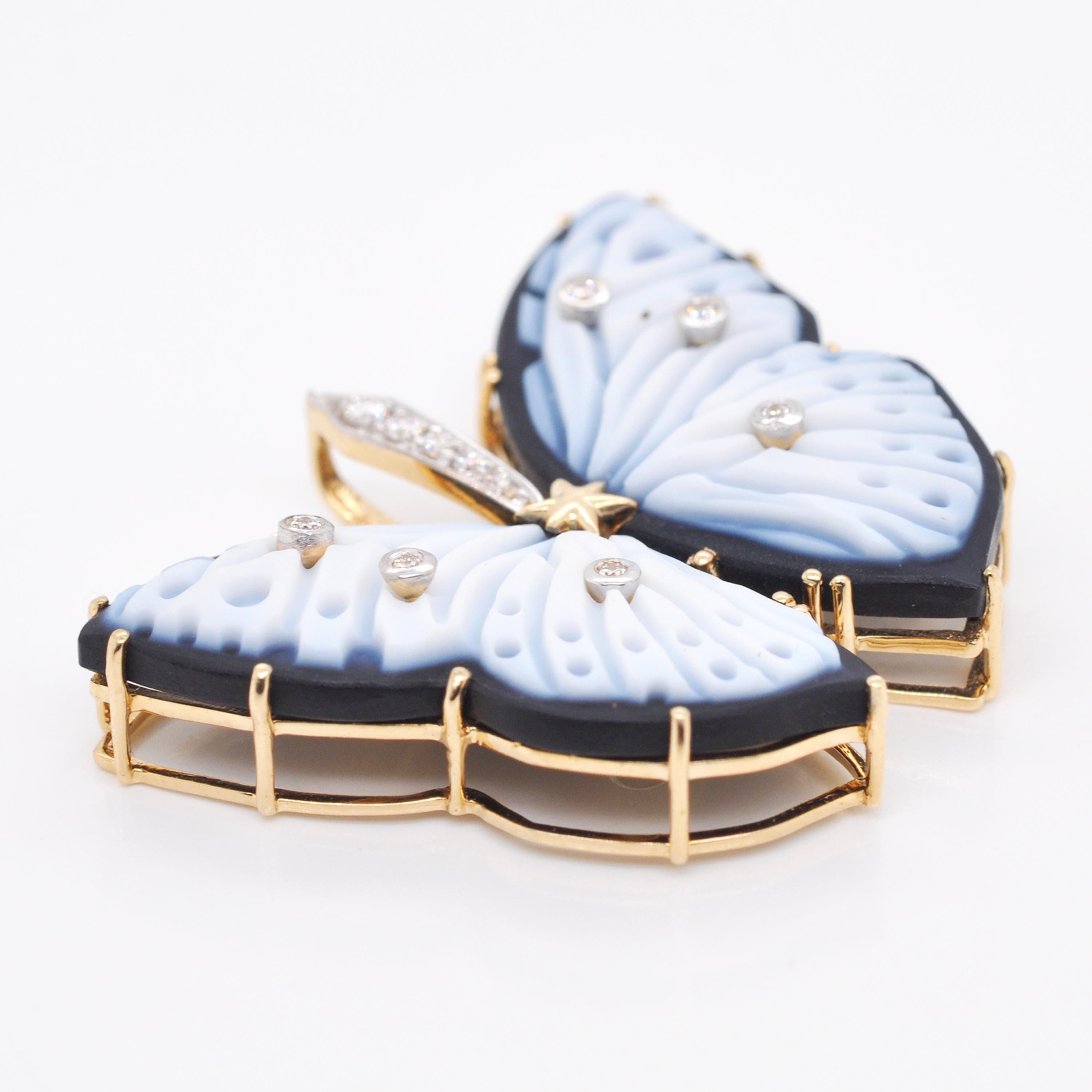 De las mujeres Collar Colgante Diamante Tallado Ágata Mariposa Oro Amarillo 14 Kilates en venta