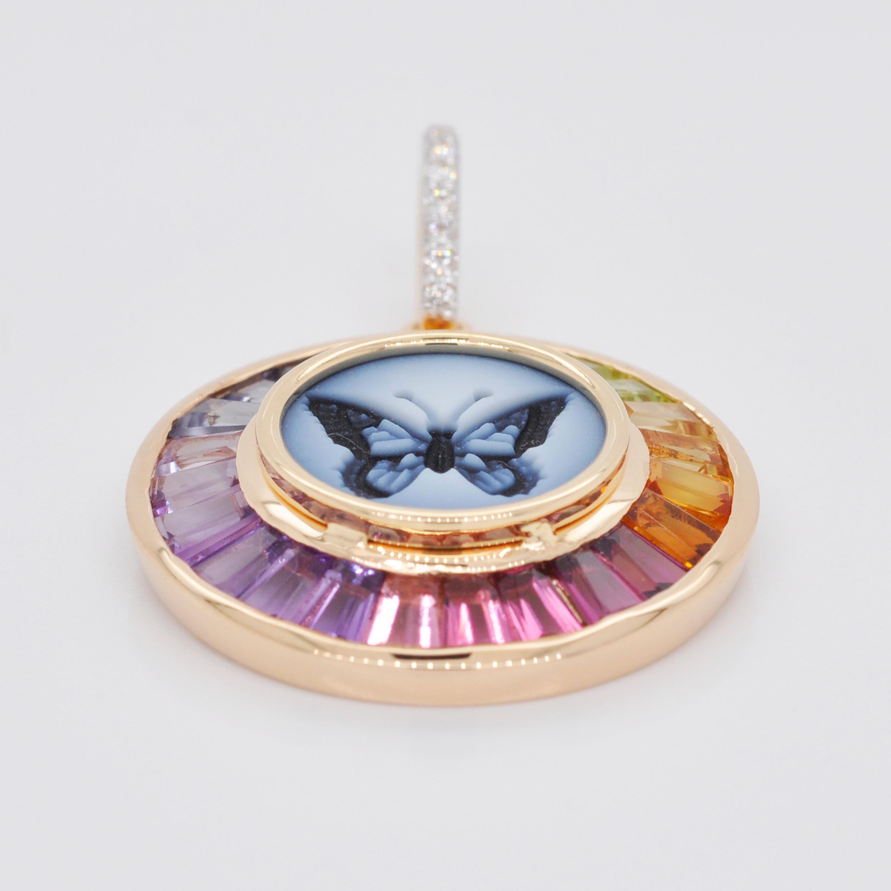 18 Karat Gold Butterfly Intaglio Multicolor Rainbow Baguette Circle Pendant For Sale 8