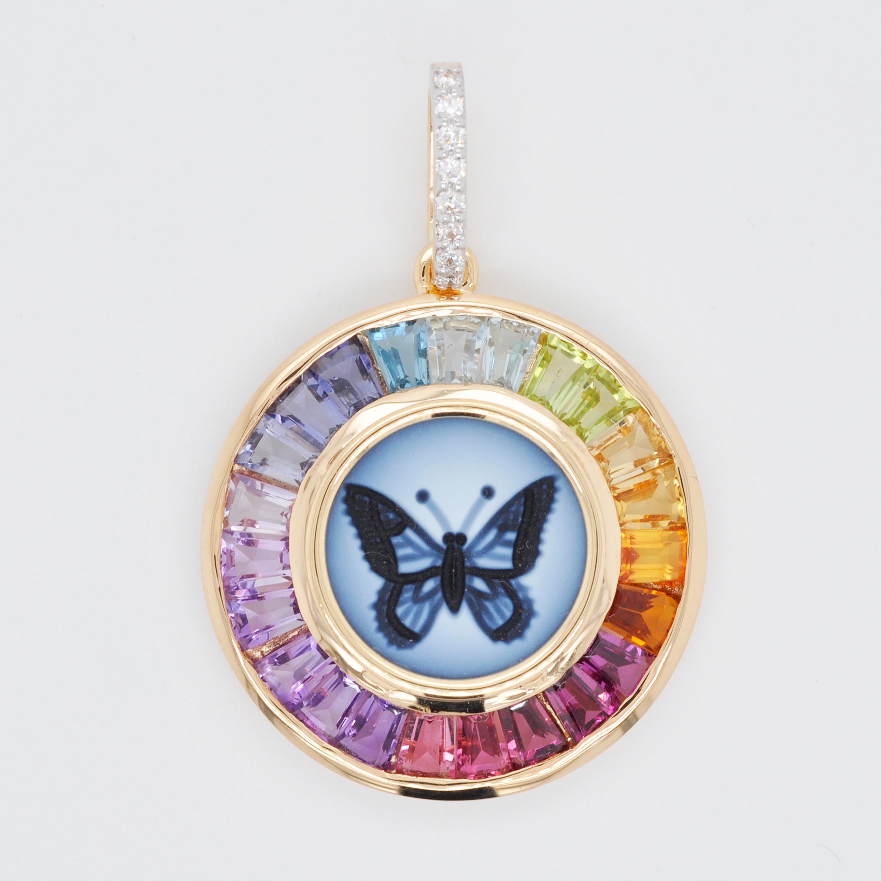 18 Karat Gold Butterfly Intaglio Multicolor Rainbow Baguette Circle Pendant For Sale 9